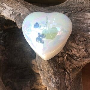 Heart Shaped Ceramic Trinket Treasure Box Dainty Blue Flowers on Lid